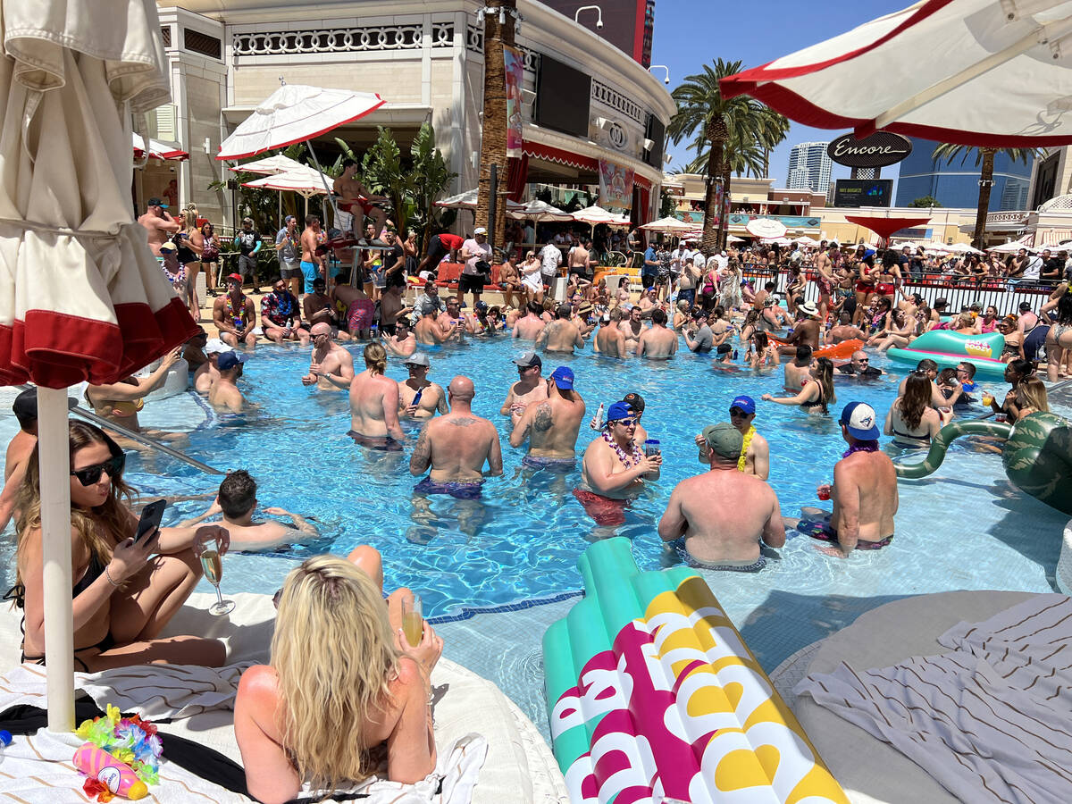 People soak up the sun during Gronk Beach party at Encore Beach Club on the Strip on Day 2 of t ...