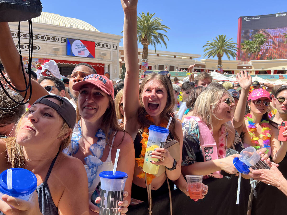 People cheer for Rob Gronkowski during Gronk Beach party at Encore Beach Club on the Strip in L ...