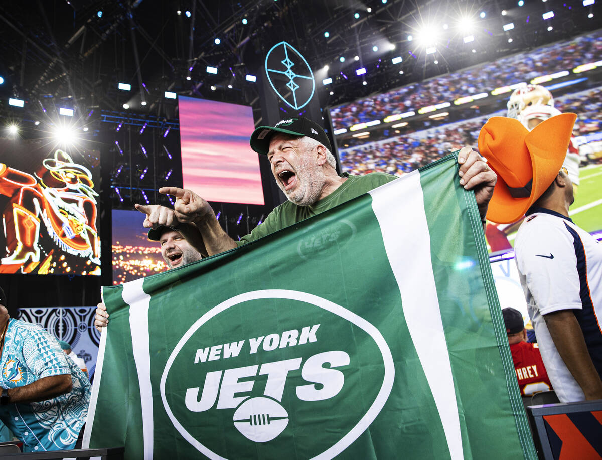 Jets fans Stew, right, and Adam Kupperman, from Mount Arlington, NJ., during day two of the NFL ...