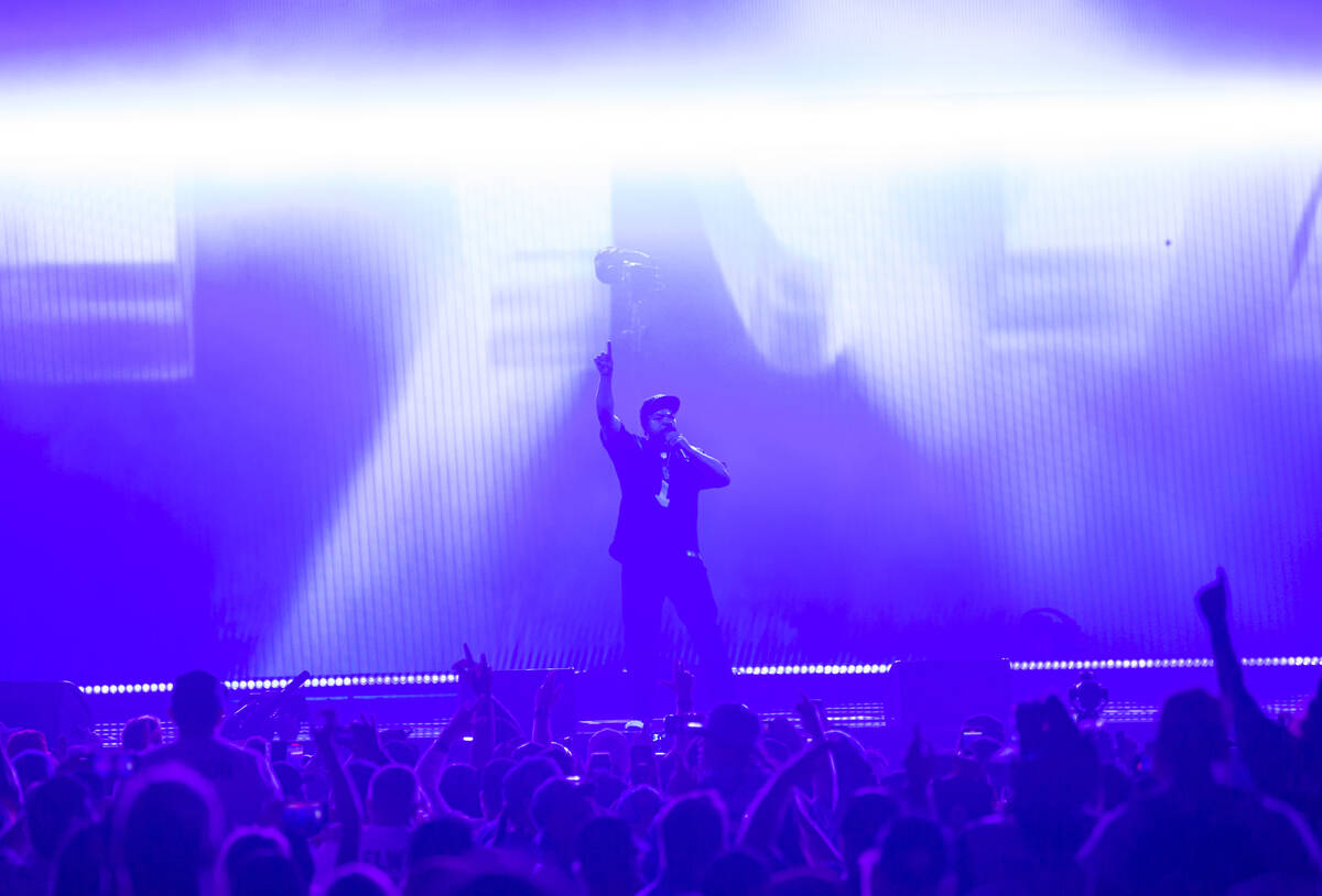 Ice Cube performs during the second day of the NFL draft on Friday, April 29, 2022, in Las Vega ...