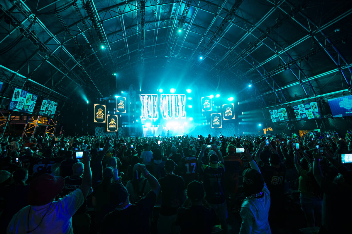 Ice Cube performs during the second day of the NFL draft on Friday, April 29, 2022, in Las Vega ...