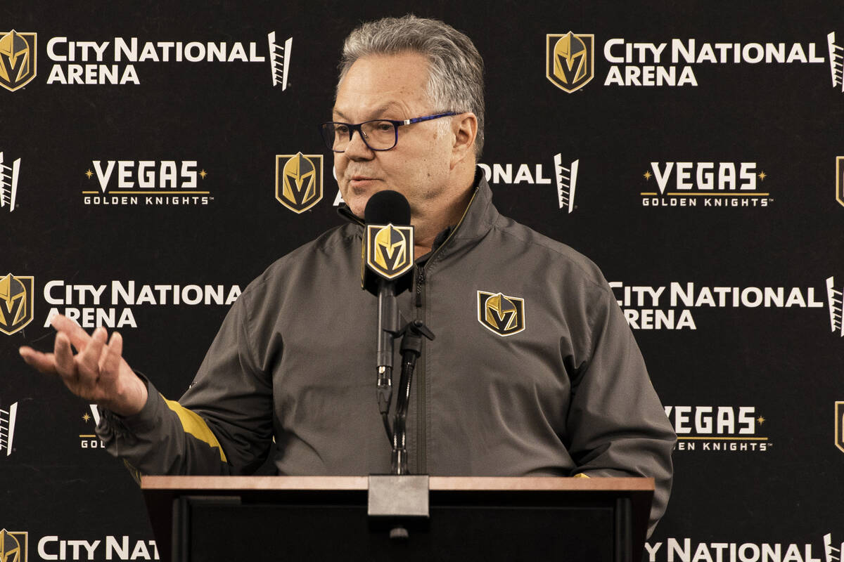 Golden Knights general manager Kelly McCrimmon addresses the media at City National Arena on Mo ...