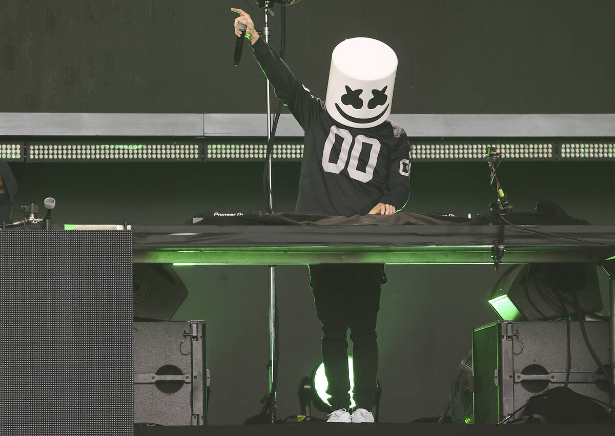 Marshmello performs during the third day of the NFL draft on Saturday, April 30, 2022, in Las V ...
