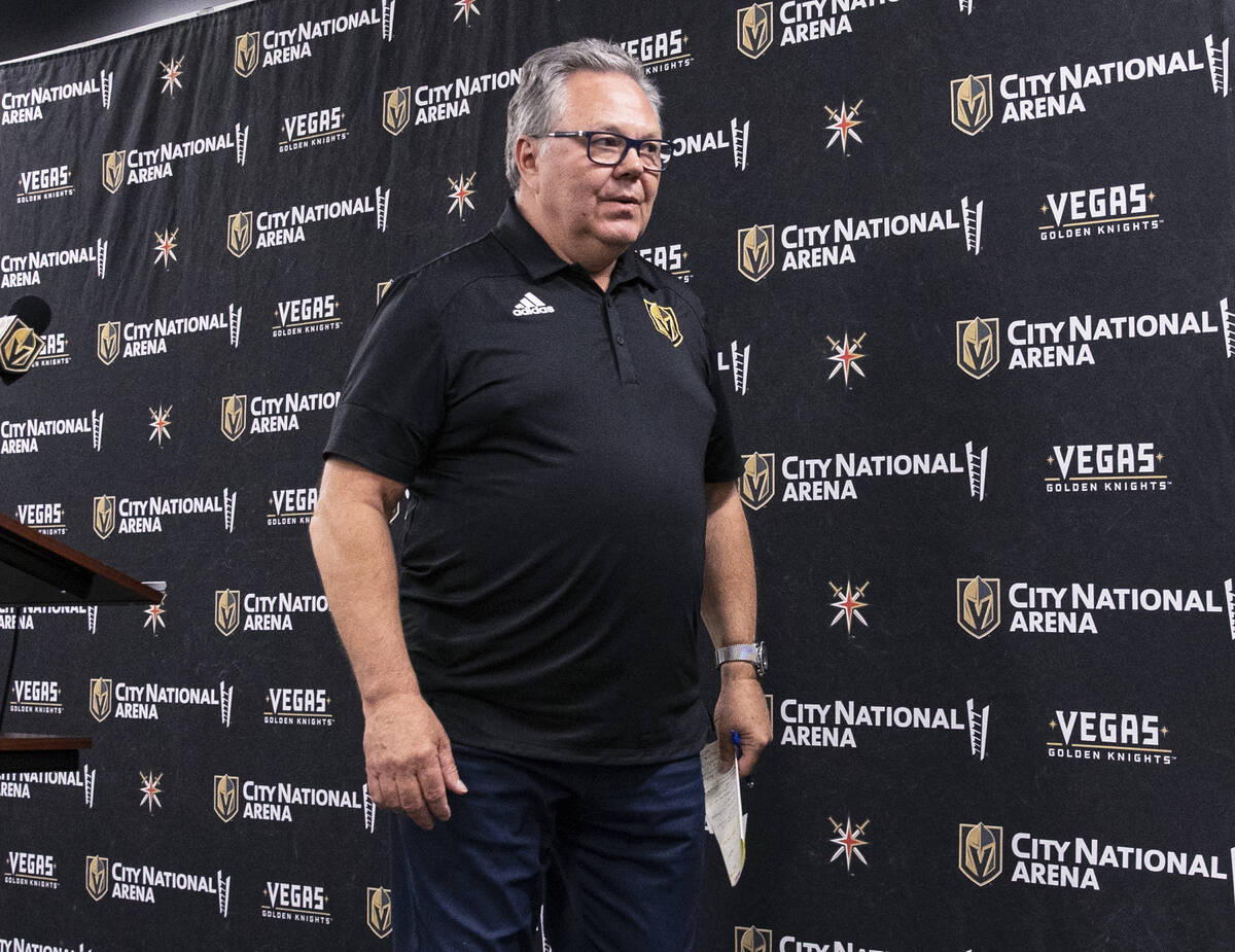 Golden Knights General manager Kelly McCrimmon leaves the podium after speaking about the firin ...
