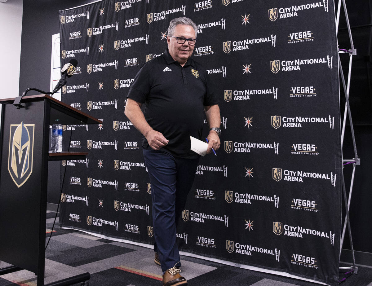 Golden Knights General manager Kelly McCrimmon leaves the podium after speaking about the firin ...