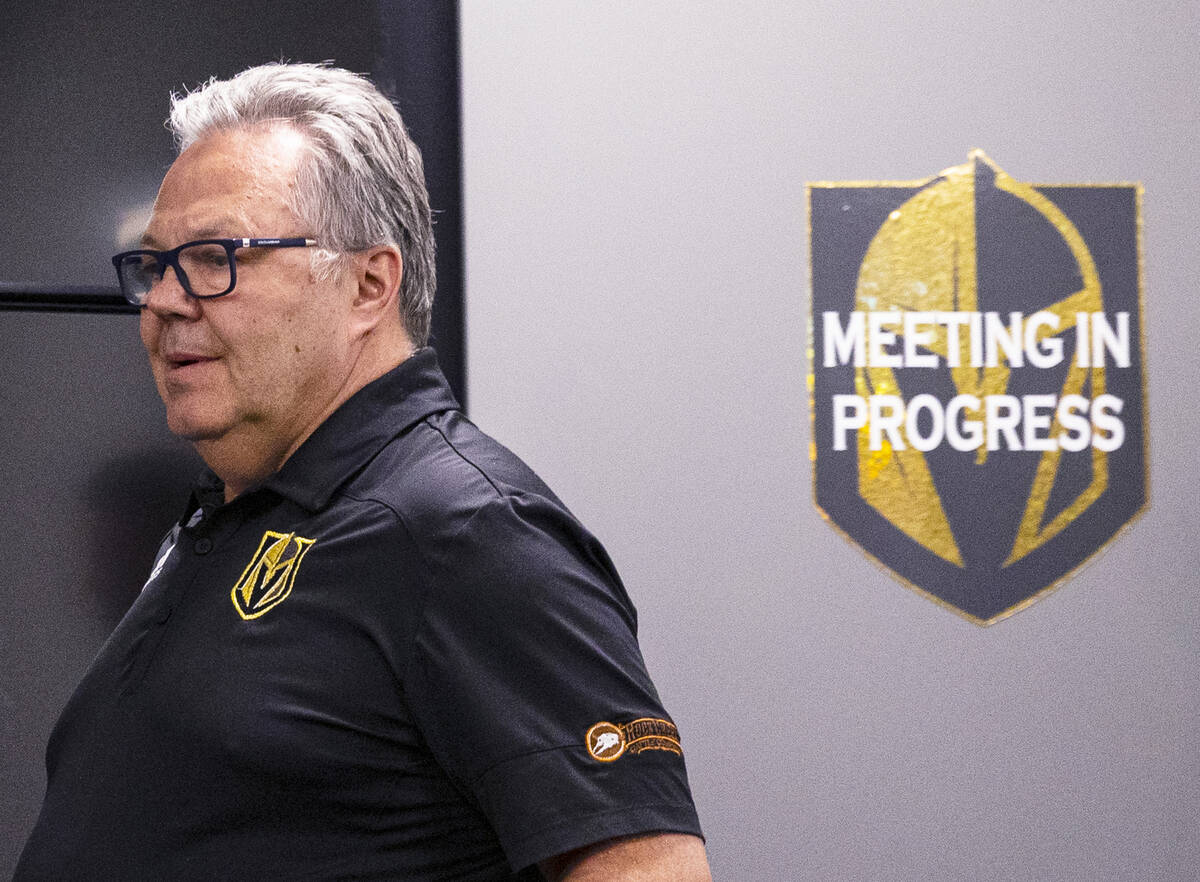 Golden Knights general manager Kelly McCrimmon arrives at the press conference to speak about t ...