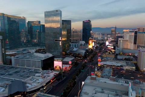 Aerial view of the Las Vegas Strip looking north at sunset on Wednesday, January 12, 2022. Seve ...