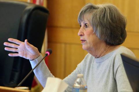 Former Clark County Commissioner Susan Brager speaks during a commission meeting on Tuesday, Ap ...