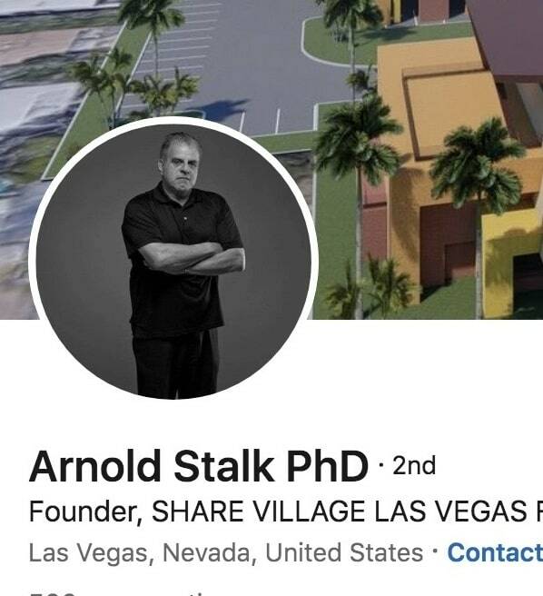 A screenshot of SHARE CEO Arnold Stalk's LinkedIn profile, which states he has a Ph.D. (LinkedIn)