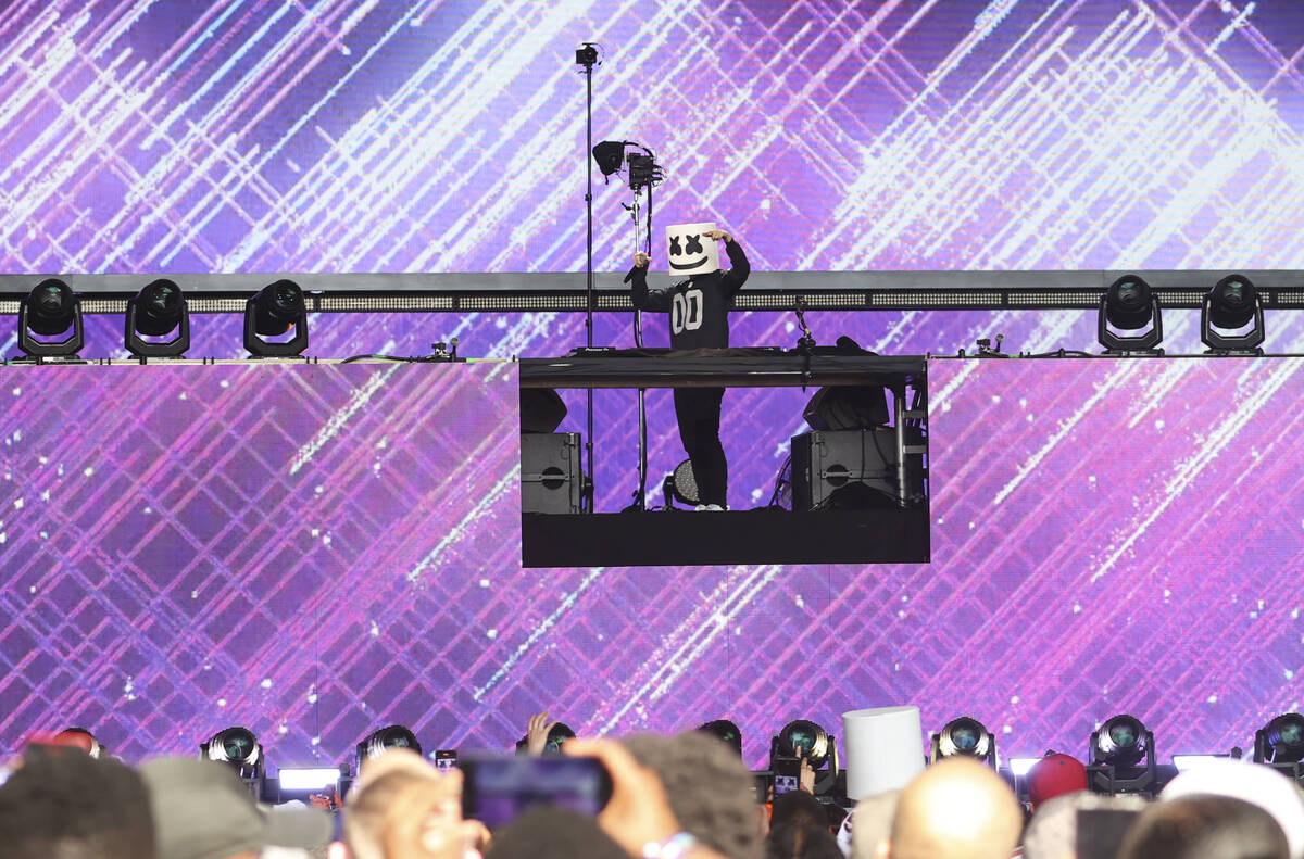 Marshmello performs during the third day of the NFL draft on Saturday, April 30, 2022, in Las V ...