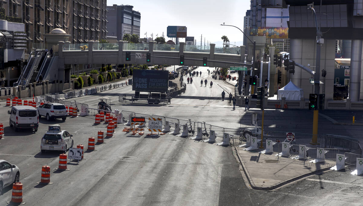 Mobile bollards block off the Las Vegas Strip during the third day selections for the 2022 NFL ...