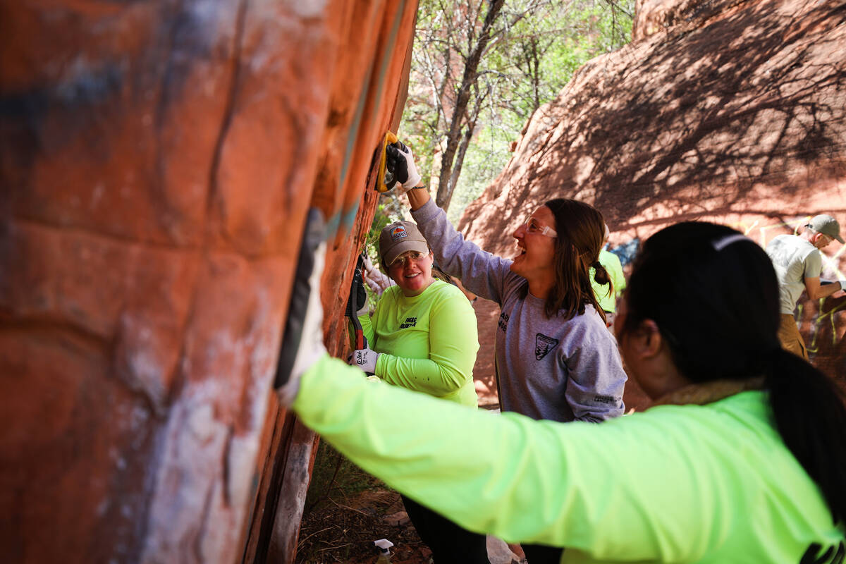 Erin McDermott, executive director of Friend of Red Rock Canyon, from left, Ranger Deanna Depue ...