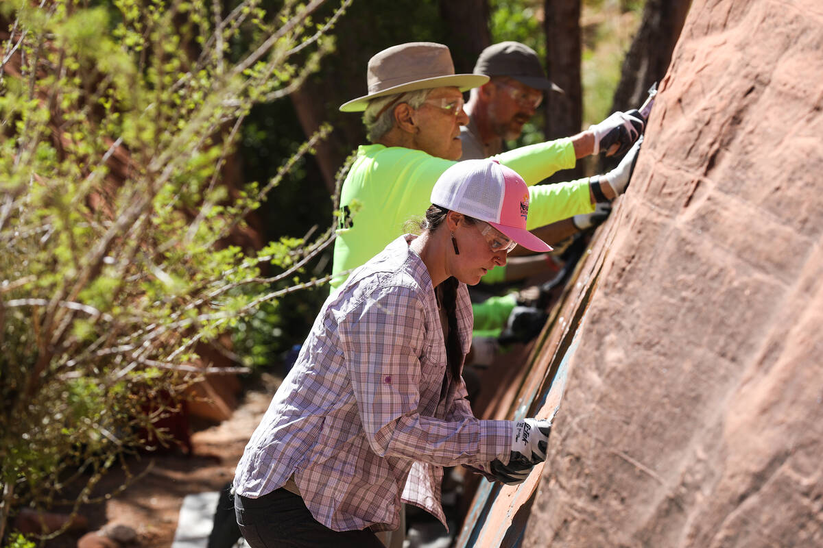 Lisa Harrison, the volunteer coordinator for the Southern Nevada Climbers Coalition, works to r ...