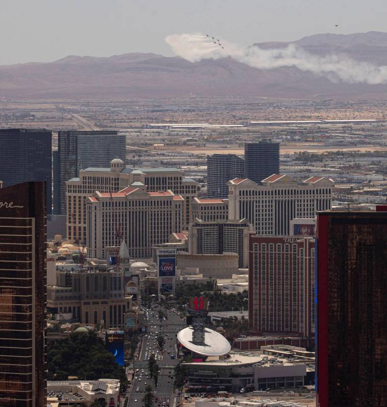 The U.S. Air Force Thunderbirds fly north along the I-15 on Monday, May 9, 2022, in Las Vegas. ...