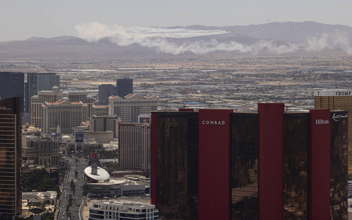 The U.S. Air Force Thunderbirds fly north along the I-15 on Monday, May 9, 2022, in Las Vegas. ...