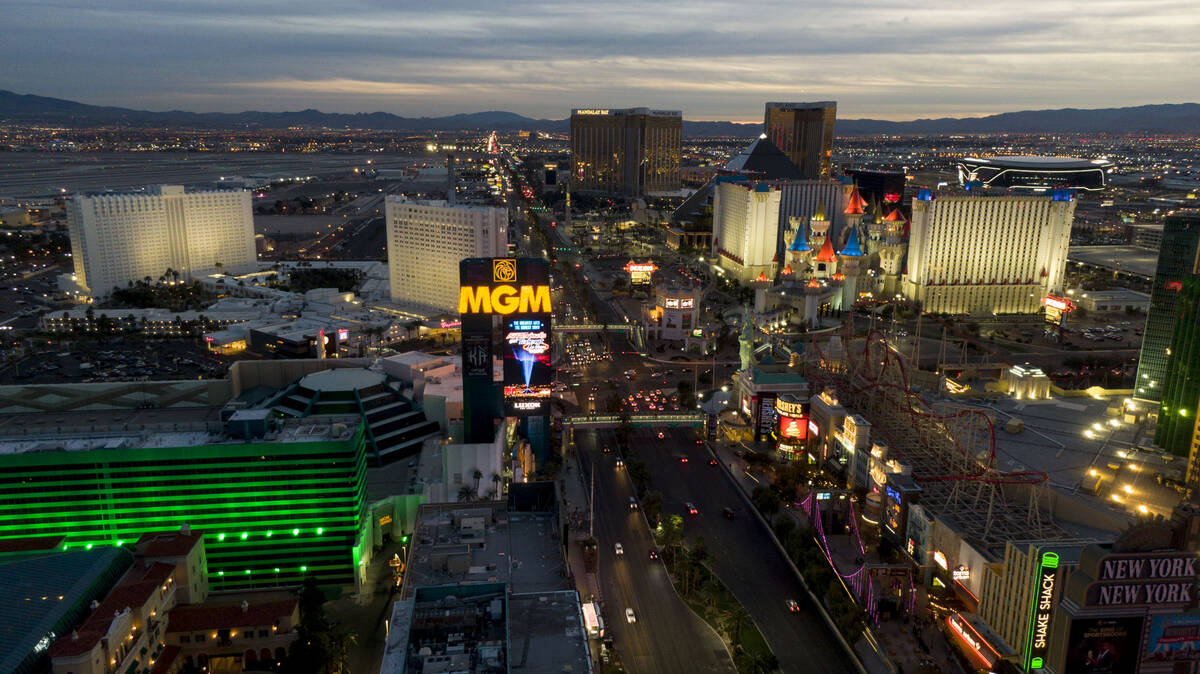 Aerial view of the south Las Vegas Strip at sunset on Wednesday, January 12, 2022. (Michael Qui ...