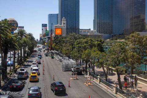 Traffic is backed up southbound on Las Vegas Boulevard, with lane closures due to construction ...