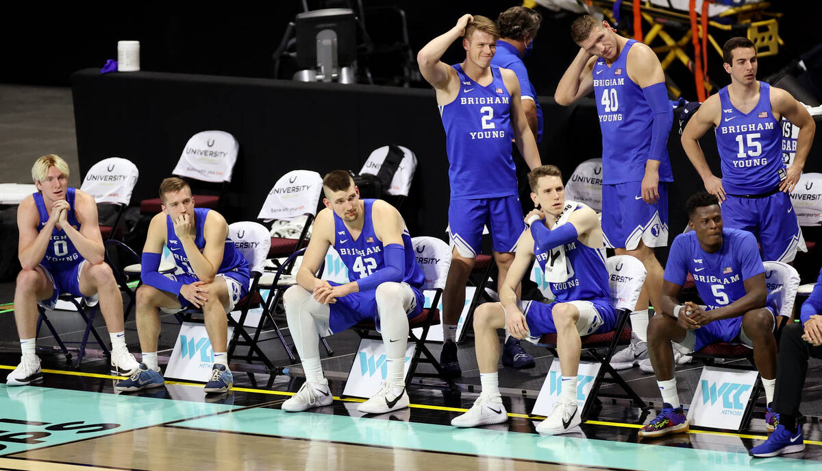 The Brigham Young Cougars bench reacts after a play late the second half against the Gonzaga Bu ...