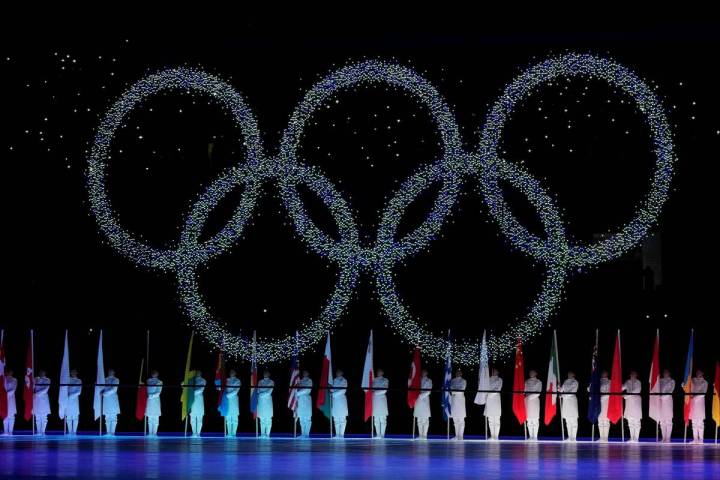 The Olympic rings are seen during the closing ceremony of the 2022 Winter Olympics on Feb. 20, ...