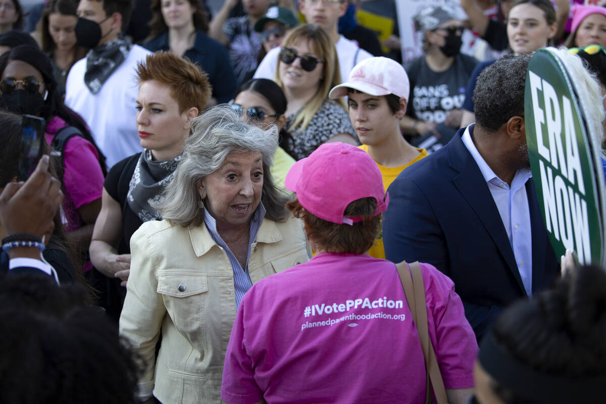 Rep. Dina Titus, D-Nev., speaks to attendees a rally in support of abortion rights outside Lloy ...