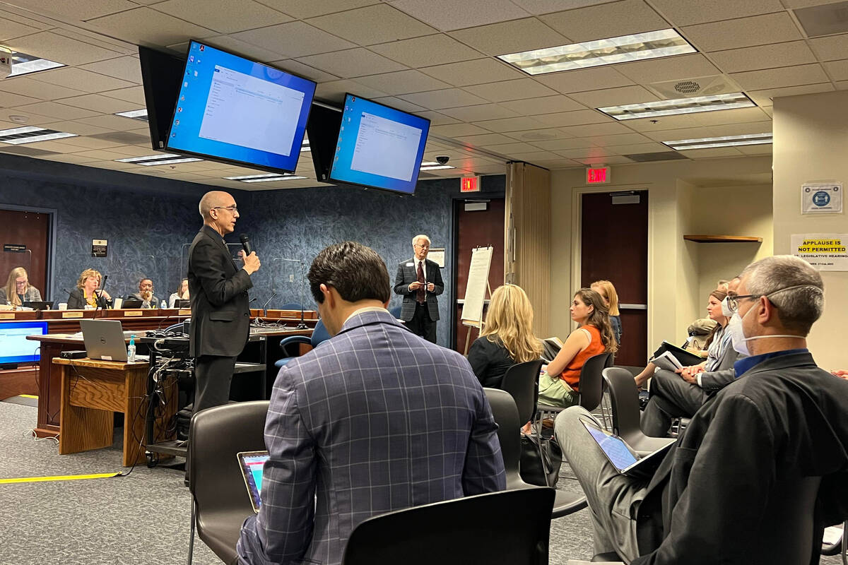 Sen. Mo Denis, D-Las Vegas, speaks to attendees during an Interim Education Committee meeting w ...