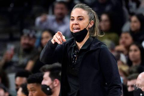 FILE- San Antonio Spurs assistant coach Becky Hammon directs players during the first half of a ...