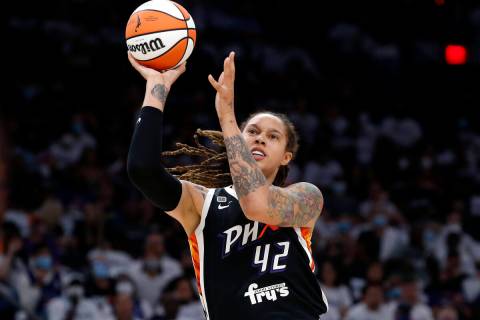 FILE - Phoenix Mercury center Brittney Griner (42) shoots during the first half of Game 1 of th ...