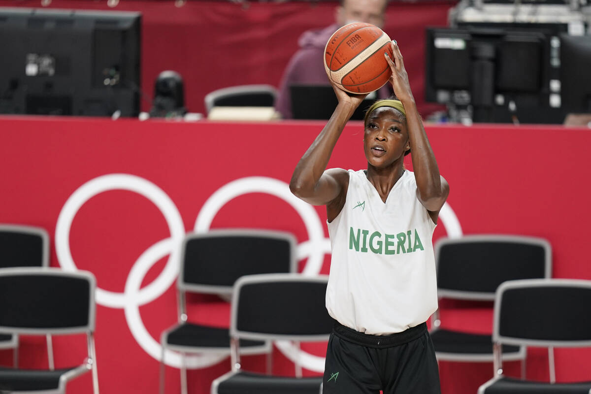 Nigeria's Victoria Macaulay shoots during a women's basketball practice at the 2020 Summer Olym ...