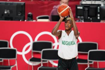 Nigeria's Victoria Macaulay shoots during a women's basketball practice at the 2020 Summer Olym ...