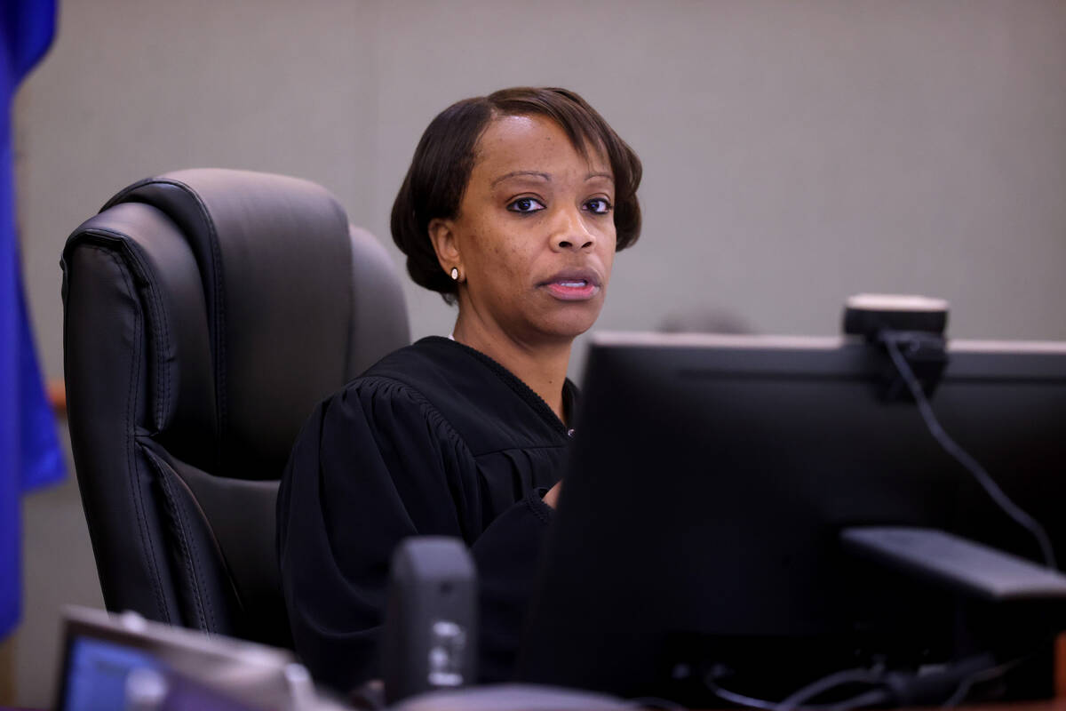 Clark County District Court Judge Tierra Jones presides in court during a hearing for Brandon T ...
