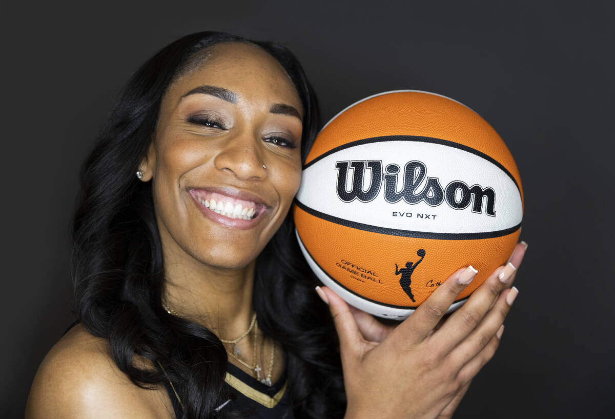 Las Vegas Aces forward A'ja Wilson (22) during media day at Michelob ULTRA Arena on Monday, May ...