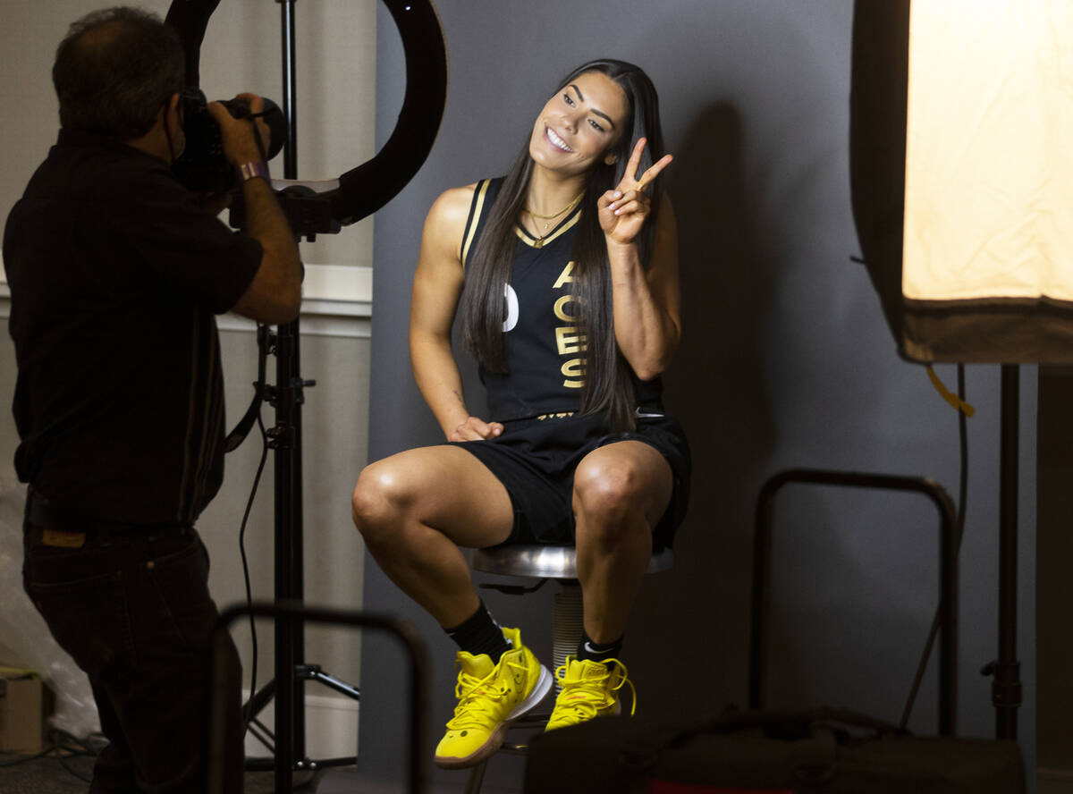 Las Vegas Aces guard Kelsey Plum (10) during media day at Michelob ULTRA Arena on Monday, May 2 ...