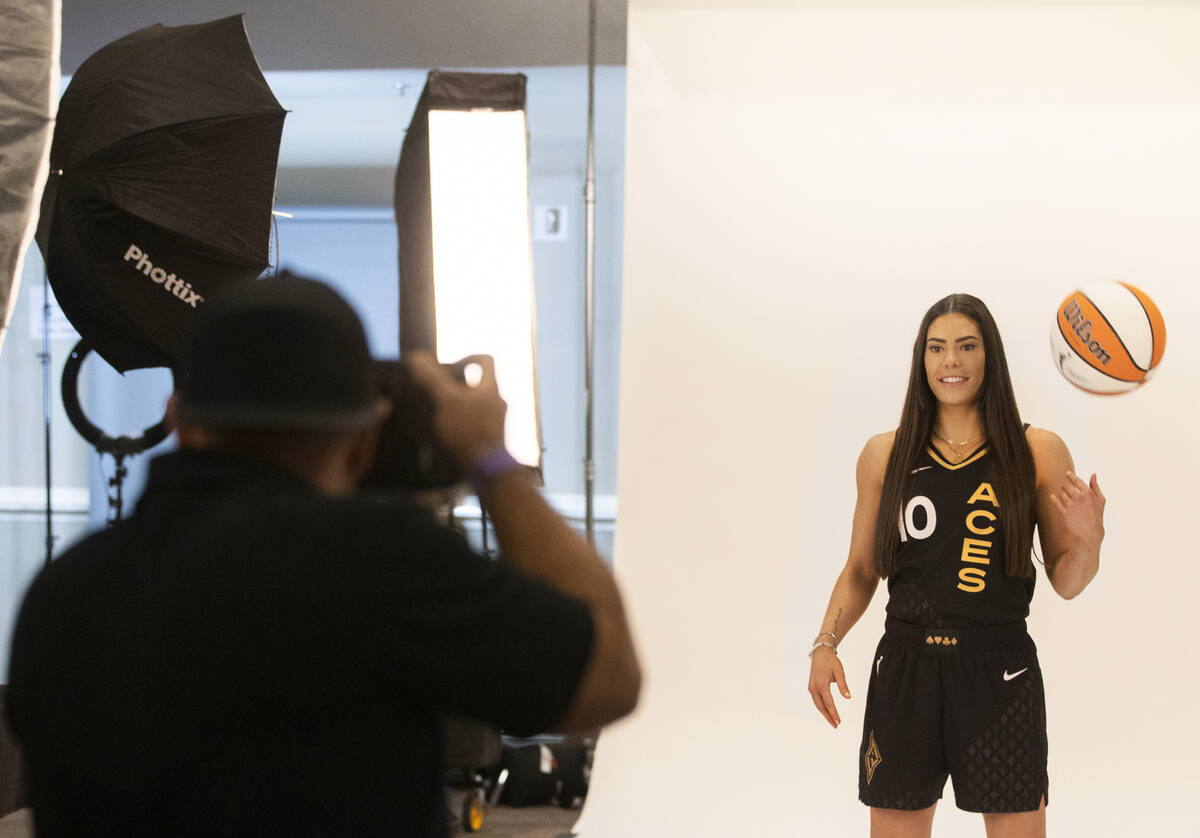 Las Vegas Aces guard Kelsey Plum (10) during media day at Michelob ULTRA Arena on Monday, May 2 ...