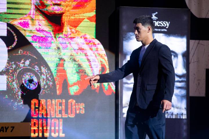 Dmitry Bivol takes the stage for a press conference at the MGM Grand hotel-casino Las Vegas, Th ...