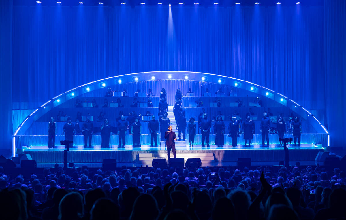 Michael Bublé is shown in front of his orchestra and choir at the Theatre at Resorts World Las ...