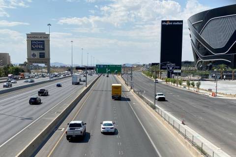 Vehicles travel on Interstate 15 near Allegiant Stadium on Aug. 28, 2020. (Mick Akers/Las Vegas ...