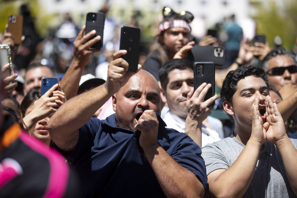 Fans cheer during a ceremonial weigh-in for Saul “Canelo” Alvarez and Dmitry Bivo ...