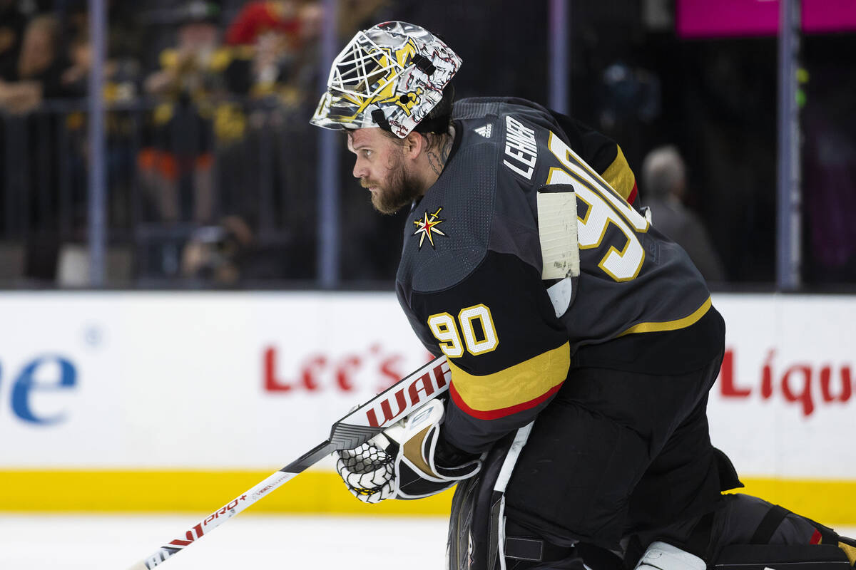 Golden Knights goaltender Robin Lehner (90) in the second period during an NHL hockey game agai ...