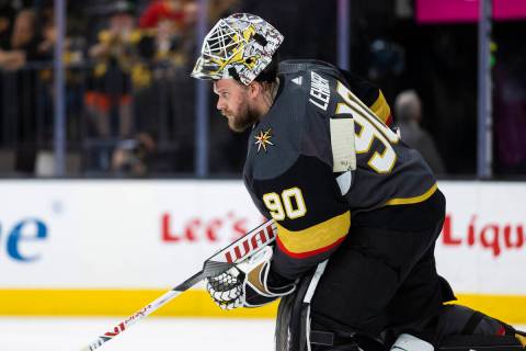 Golden Knights goaltender Robin Lehner (90) in the second period during an NHL hockey game agai ...