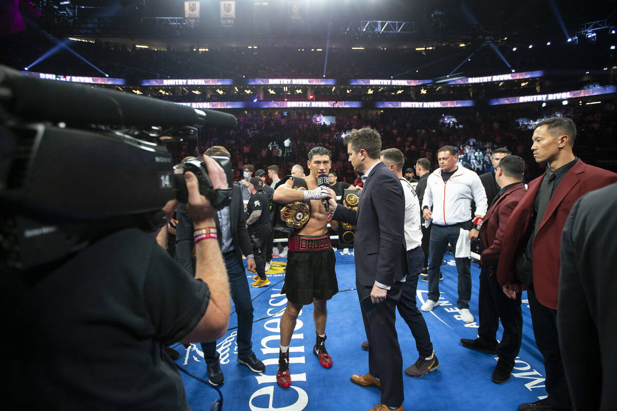 Dmitry Bivol is interviewed after his unanimous decision win against Saul “Canelo” ...