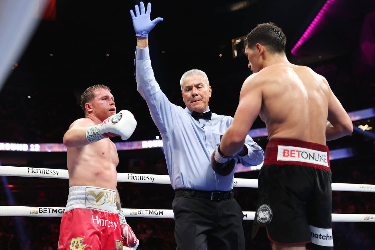 The referee calls the end of the WBA super light heavyweight title bout  between Saul “Ca …