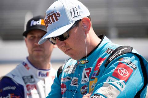 Kyle Busch (18) after his qualifying run at NASCAR Cup Series qualifying at Dover Motor Speedwa ...