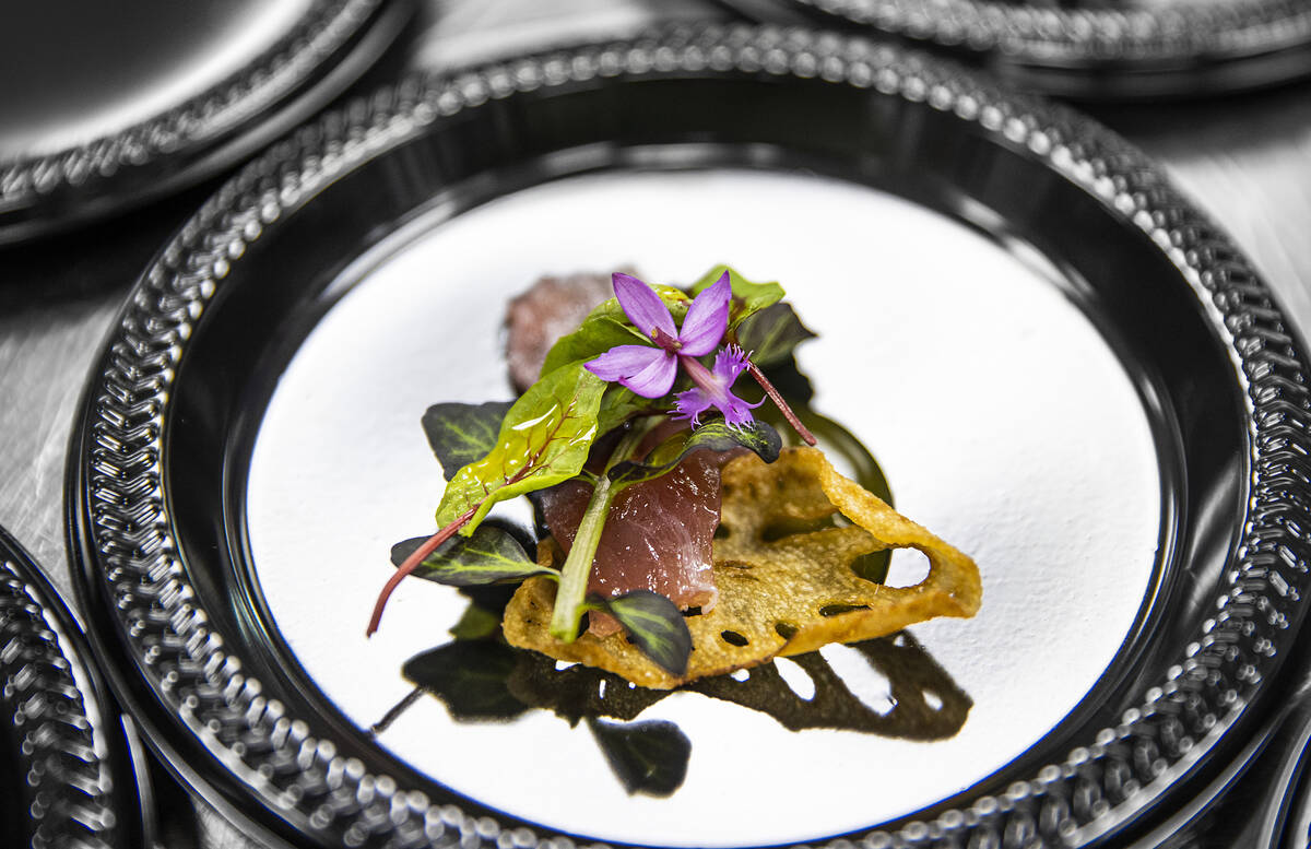 Cured tuna sashimi with aji amarillo escabeche at UNLVino on Saturday, May 7, 2022, at UNLV Col ...
