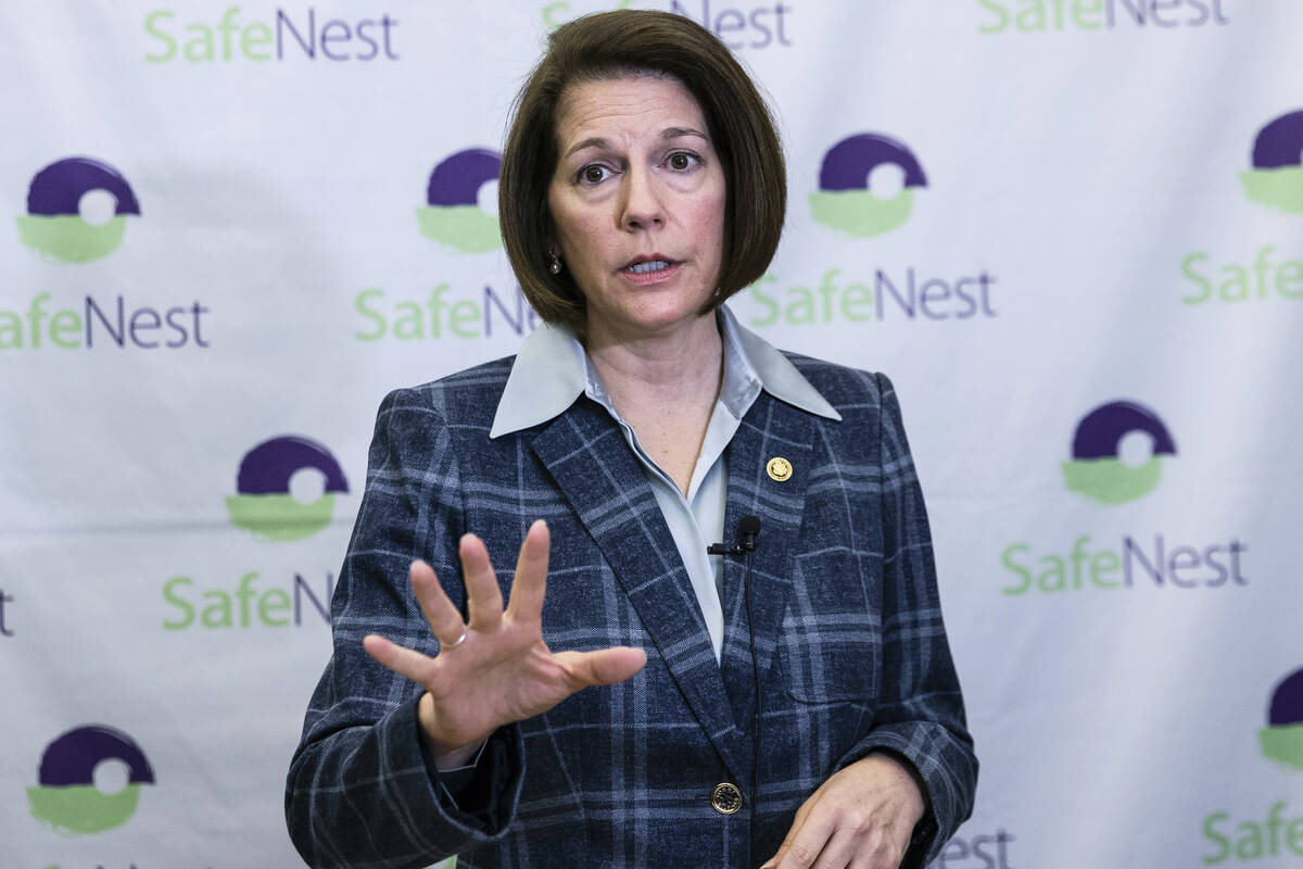 U.S. Senator Catherine Cortez Masto addresses the media on Friday, Jan. 28, 2022. (Bizuayehu Te ...