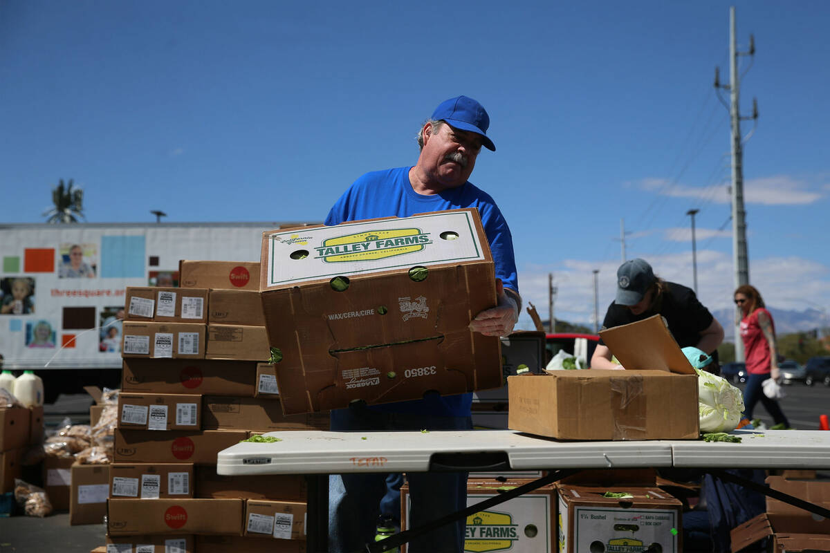 In this April 2, 2020, file photo, Three Square Food Bank volunteer John Castillo organizes foo ...