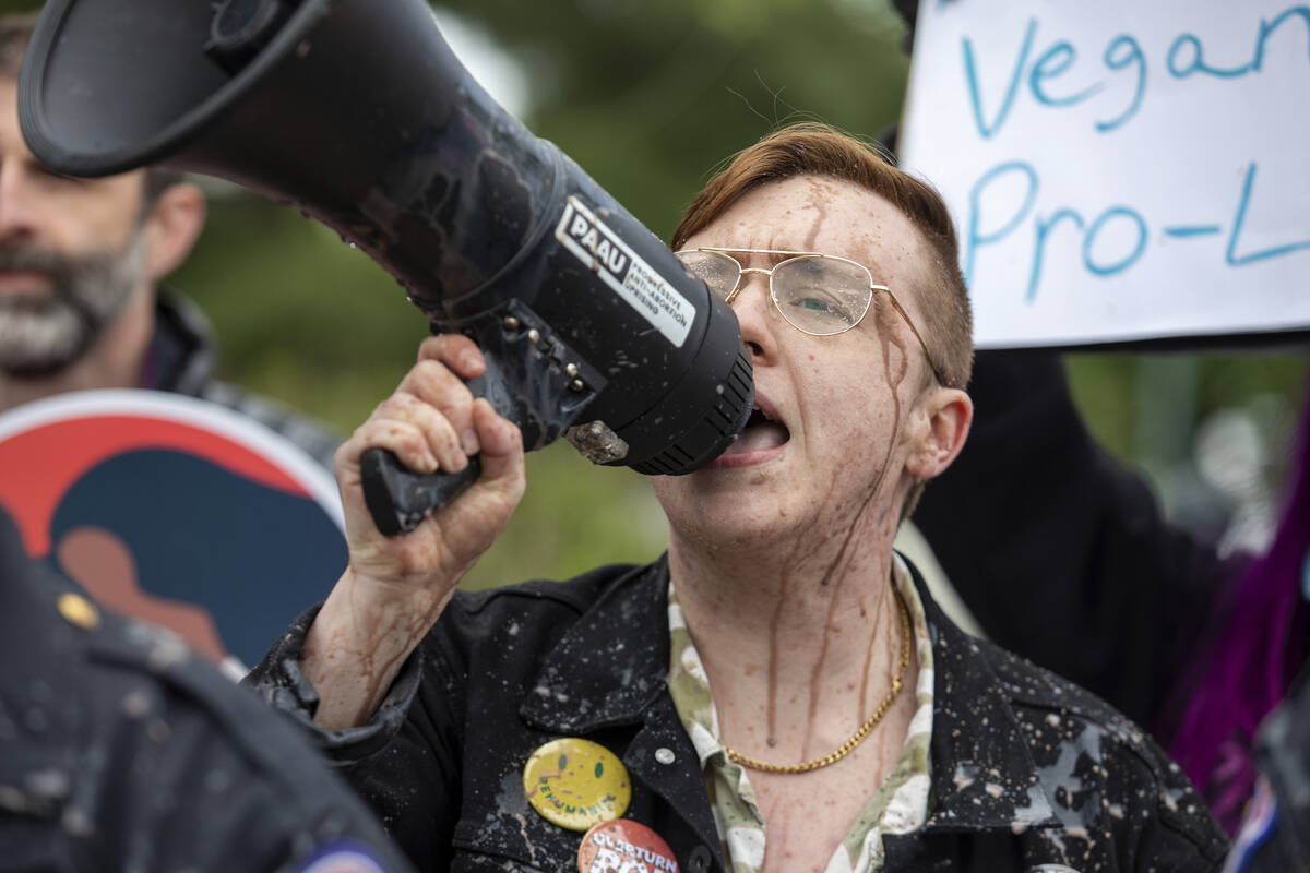An anti-abortion protester covered in chocolate milk continues to chant into a bullhorn during ...