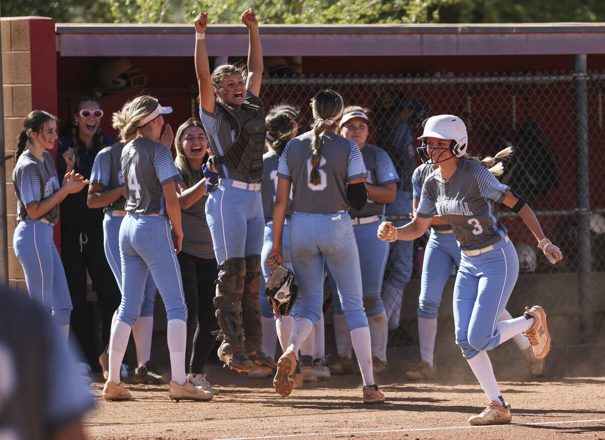 Centennial's Ashley Madonia (3) is cheered on following her home run hit against Arbor View dur ...