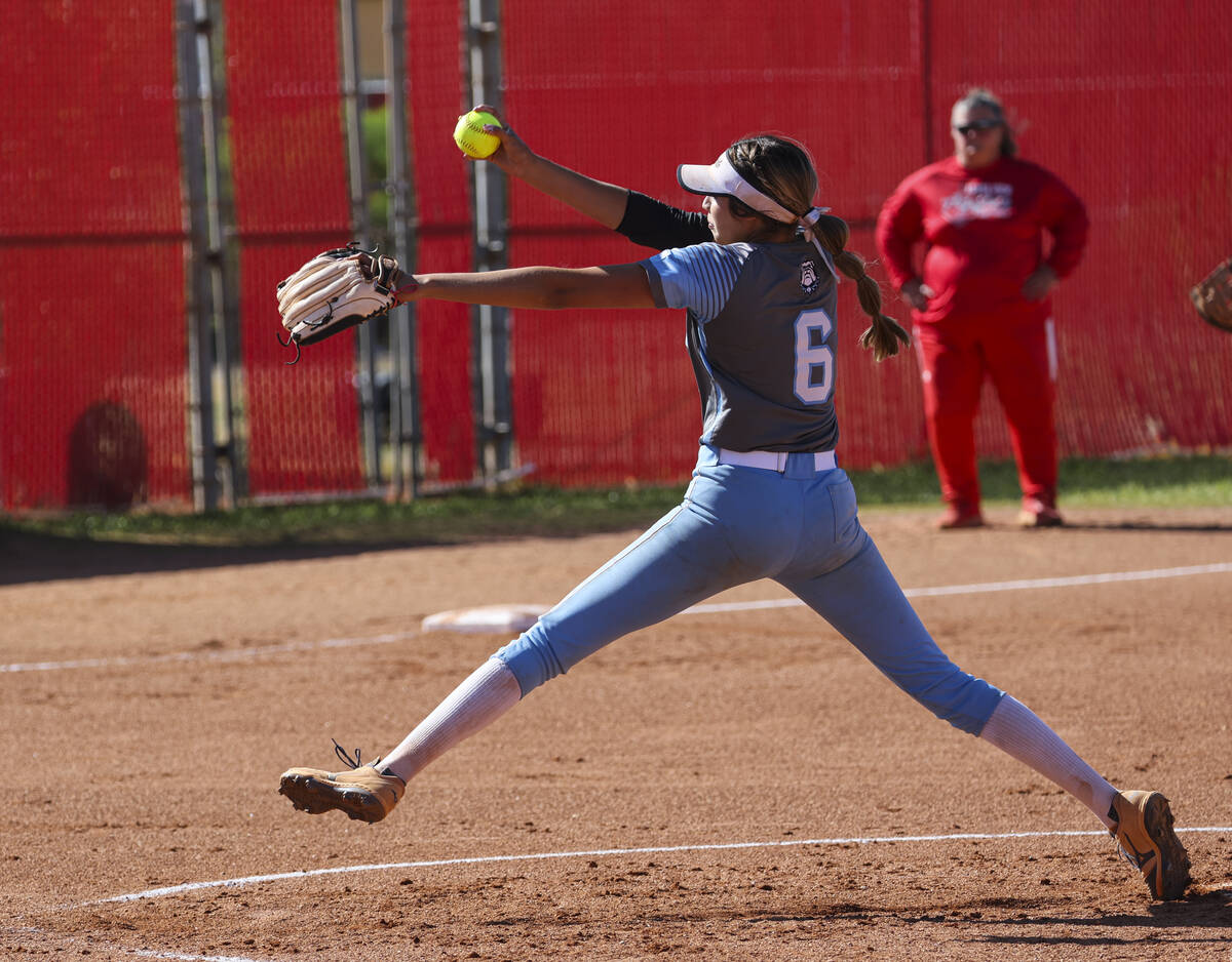 Centennial's Madison Lucero (6) pitches to Arbor View during a softball game in the Class 5A So ...