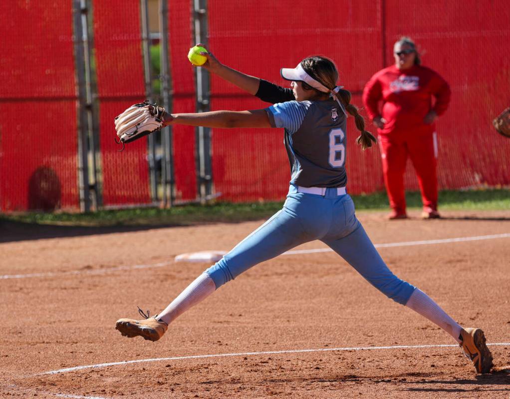 Centennial's Madison Lucero (6) pitches to Arbor View during a softball game in the Class 5A So ...