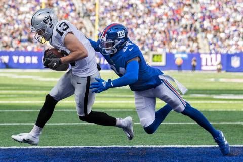 Las Vegas Raiders wide receiver Hunter Renfrow (13) catches a touchdown past New York Giants co ...
